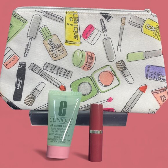CLINIQUE BUNDLE WITH CUTE POUCH - CLINIQUE ALL ABOUT CLEAN AND CLINIQUE LOVE POP - Picture 1 of 1